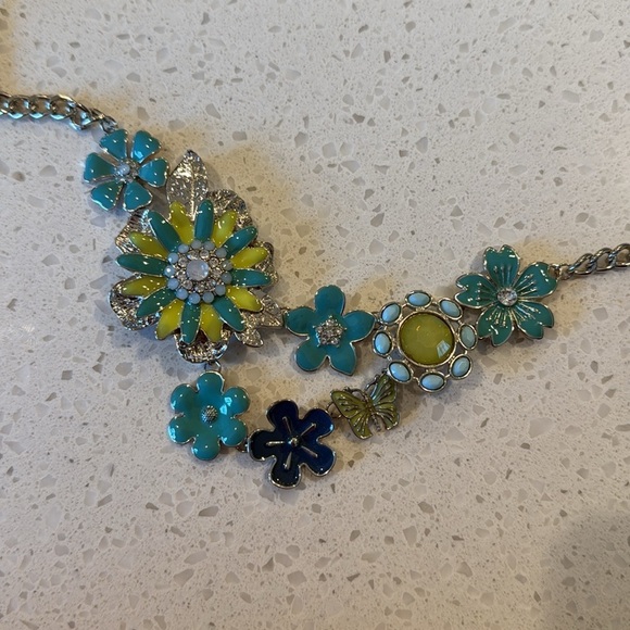 izaro Silver Chain Bib Necklace with Enamel Turquoise Flowers & Butterfly NEW - Picture 10 of 10